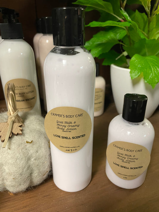 “Love Spell” scented, goats milk & honey body lotion