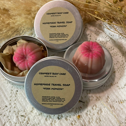 Homemade Travel Soaps “Pink Mimosa scented”, in the shape of a small bundt cake.